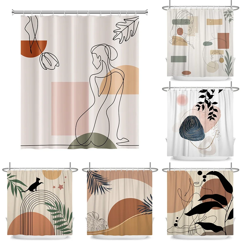 Nordic abstract Art shower curtain Bohemian waterproof shower curtain Morandi color Bath curtain Bathroom decoration with hooks