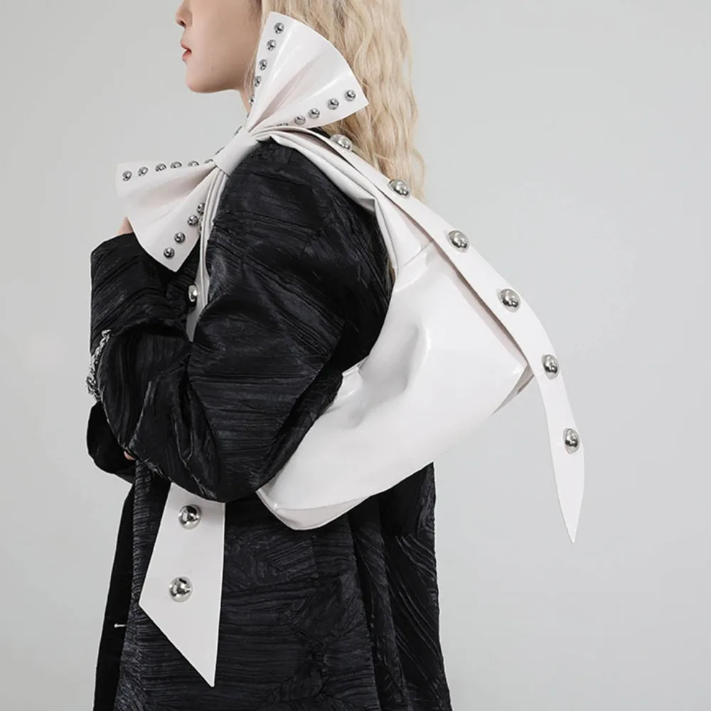 

Trendy Aesthetic Exaggerated Bow Bag Chic Magnetic Buckle Rivet Shoulder Bag Handbag Sweet PU Leather Bag Streetwear