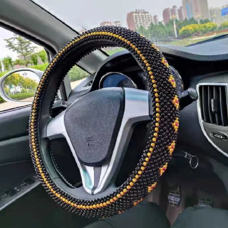 1Pc Car Accessories 38cm Steering Wheel Cover Wooden Bead Cool Summer Anti-skid Handlebar with Leather