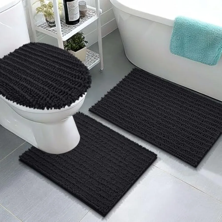 

Luxury Chenille Bathroom Rugs 3 Pcs with Toilet Lid Cover Shaggy Soft and Absorbent Bath Rug Non-Slip Machine Washable Bath Mat