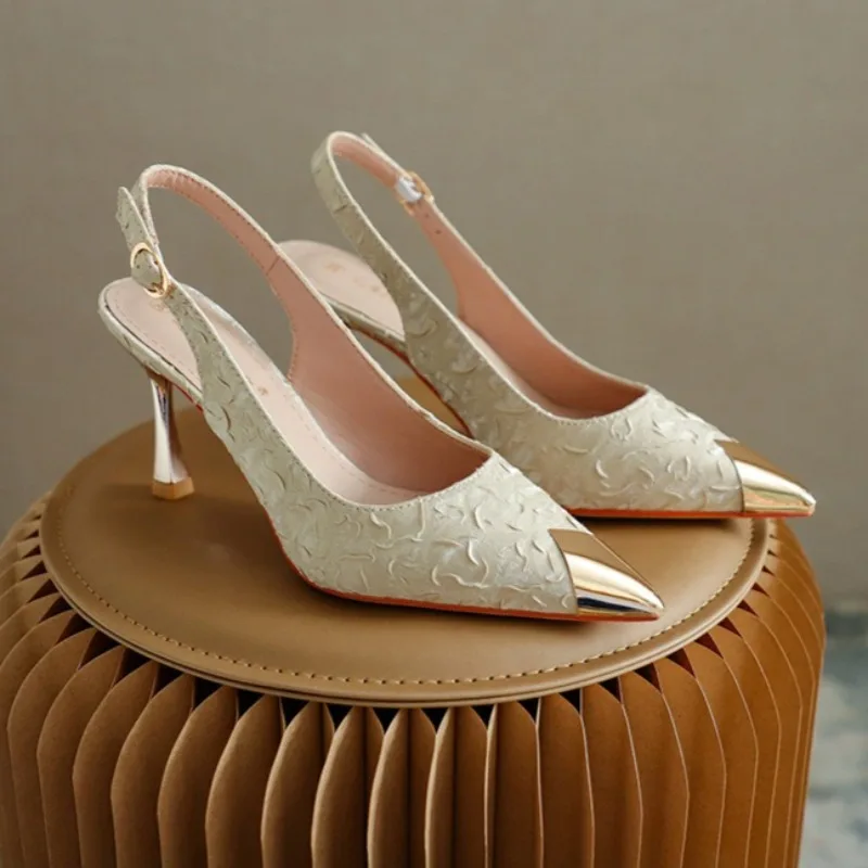 Women Sandals Plus Size 44 Embossed Satin High Heels Pointed Head Light Mouth Slim Heel Women's Shoes Versatile Sandals Women's