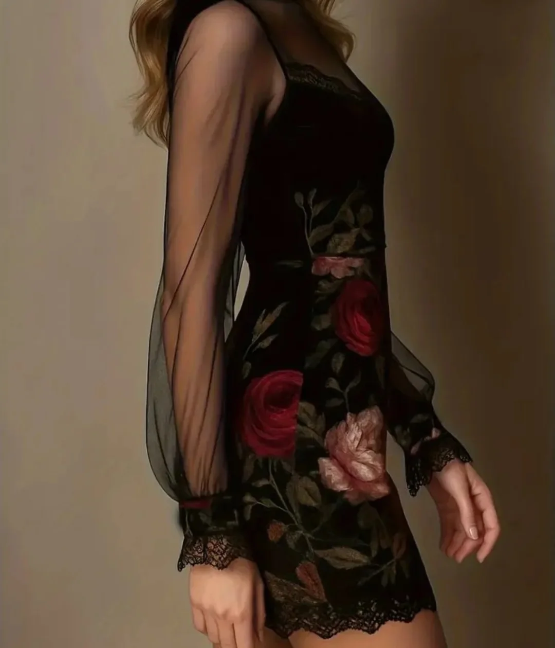 Hot Sale Vintage Romantic Sexy High Neck Long Sheer Sleeve Bodycon Velvet Lace Embroidery Floral Mini Cocktail Evening Dress