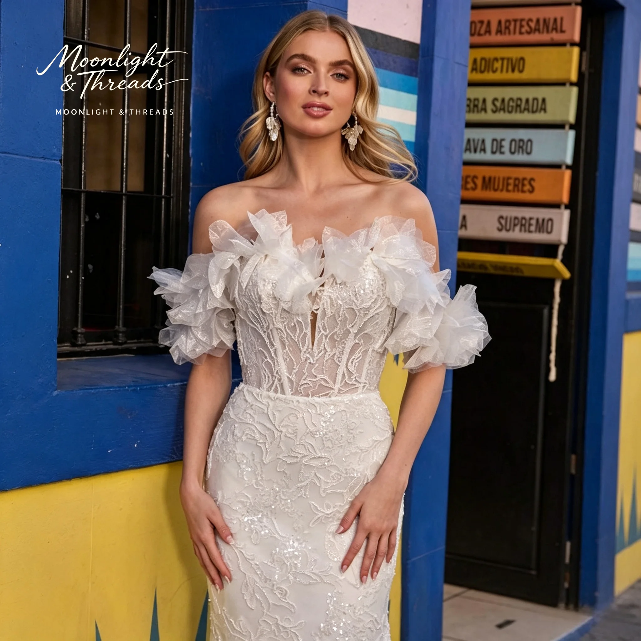 Elegant white mermaid wedding dress with exposed shoulders 3D floral appliqués and fishbone waistband for the bride