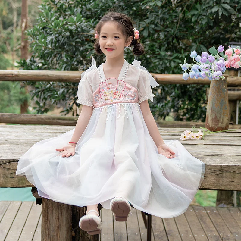 Improved Ancient Costume Baby Hanfu super fairy embroidered princess skirt spring little girl bubble sleeve one year old dress