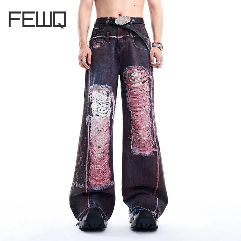 FEWQ Sequin Men's Splicing Jeans Straight Tube 2024 Contrast Color Vintage Wide Leg Male Trousers Korea Fashion Pants 24E2705