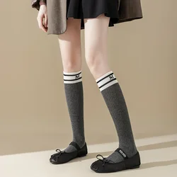 Cotton Women Stockings Japanese Style School Girls Long Socks Stocking Letter Embroidery Solid Color Black White Gray Knee Socks