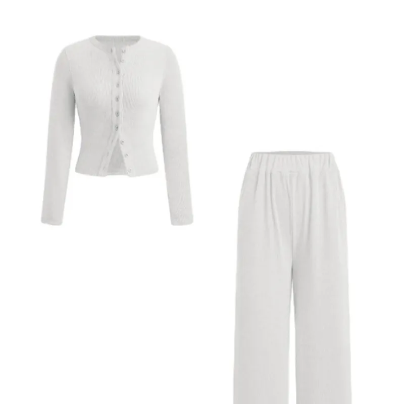 

New， European and American Cross-border Supply, Casual Slim-fit Button Long-sleeved Wide-leg Pants Set Japan and Korea Leisure