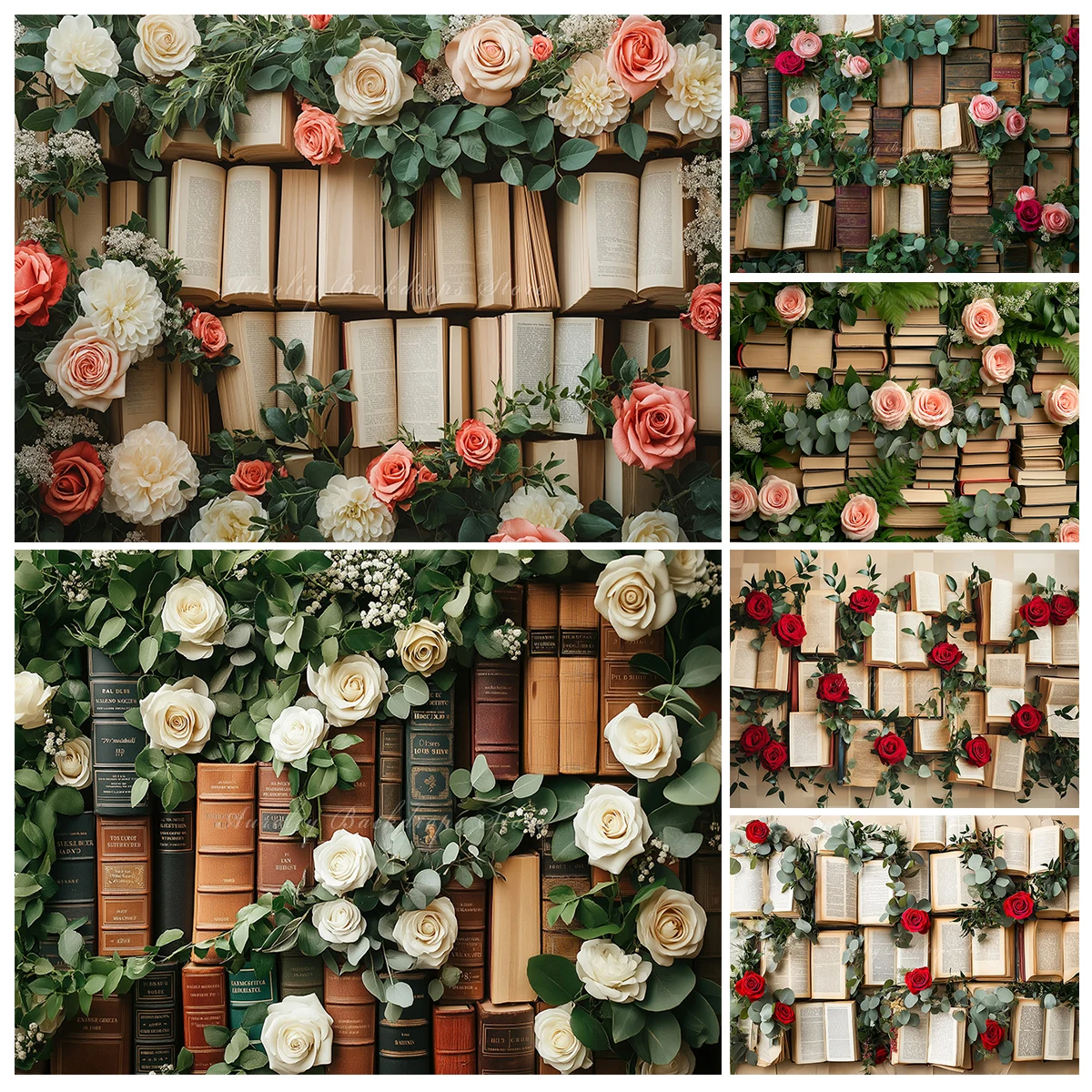 Wall Of Vintage Books Adorned With Roses And Greenery Backdrop Kids Adult Photography Props Child Baby Photocall Backgrounds