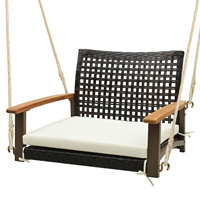 Rattan hanging armchair weight up to 180kg, hanging seat with cushion & Wood armrest & hanging ropes, hanging chair patio swing