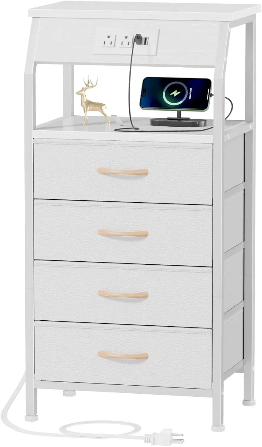 

Night Stand with Charging Station, Dresser with PVC & Fabric Drawers, 33 Inch Bedside Table with Open Shelf