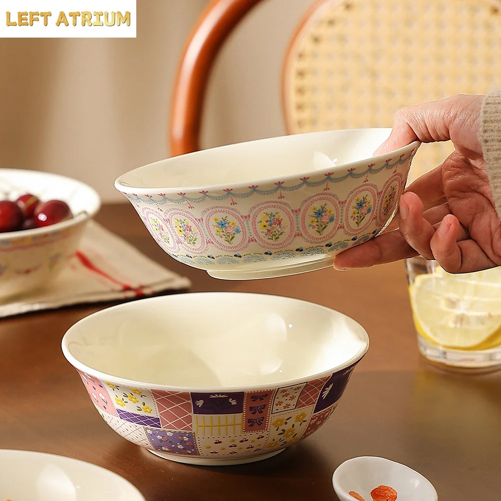 Korean Ins Ceramic Bowl Creative Sweet Floral Round Porcelain Dinnerware Breakfast Milk Oats Yogurt Salad Bowls Personal Items
