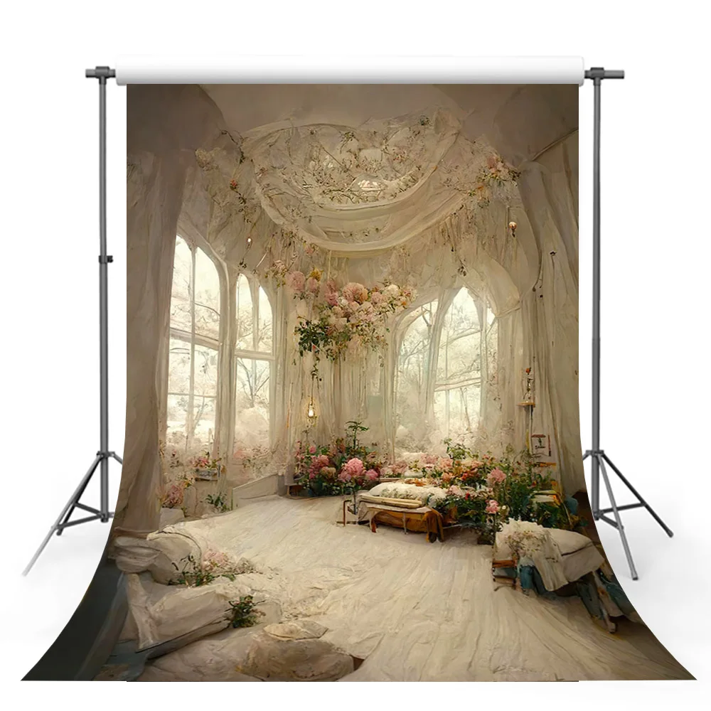 

Mehofond Retro Oil Painting Photography Backdrop Princess Bedroom Curtain Decor Window Flower Vintage Background Photo Studio