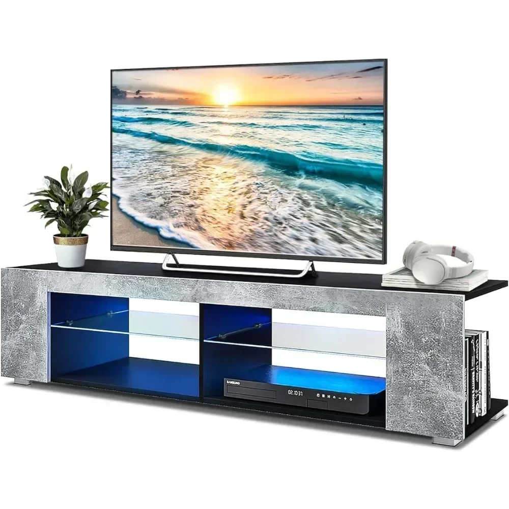 

Living room 57 inch LED small TV console media desk with glass shelf, hidden side bookshelf, gray black color