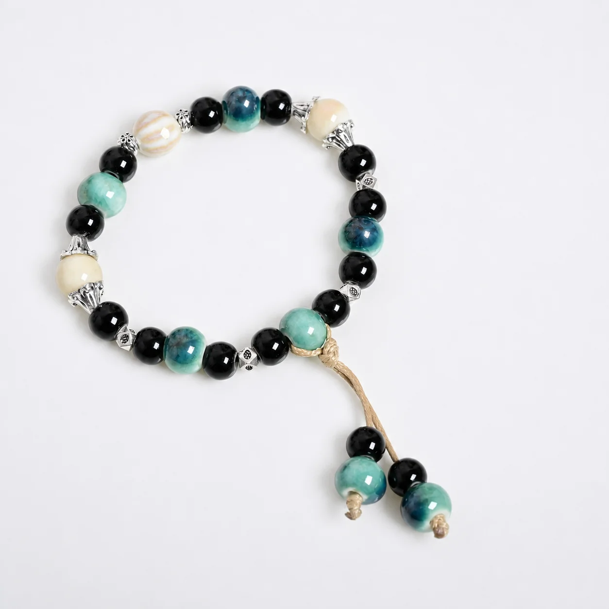 Green Melon Bead Handmade Ceramic Bracelet with Braided Wax Cord Pendant Detail and Metal Accessories Y260719-03