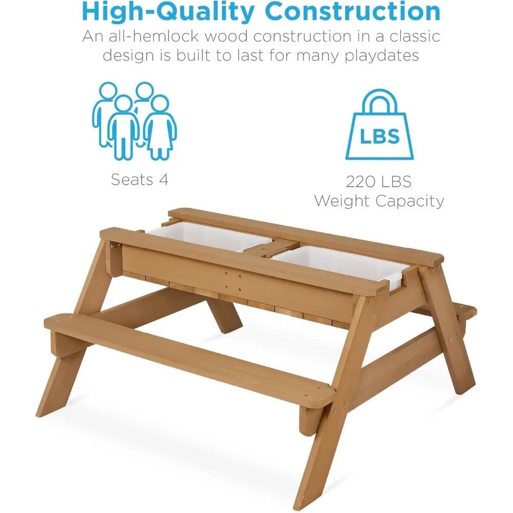 3-in-1 zand- en watertafel voor kinderen, houten buiten converteerbare picknicktafel met parasol, 2 dienbladen, afneembaar blad - naturel/donkerroze