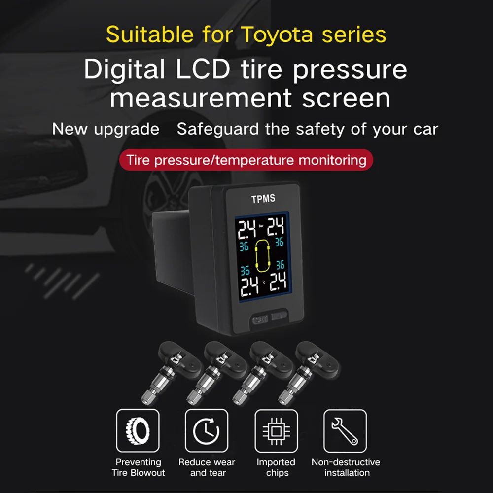 Car Tire Pressure Monitor System TPMS for Toyota Temperature Monitoring External / Internal Sensor Save Fuel Digital LCD Screen