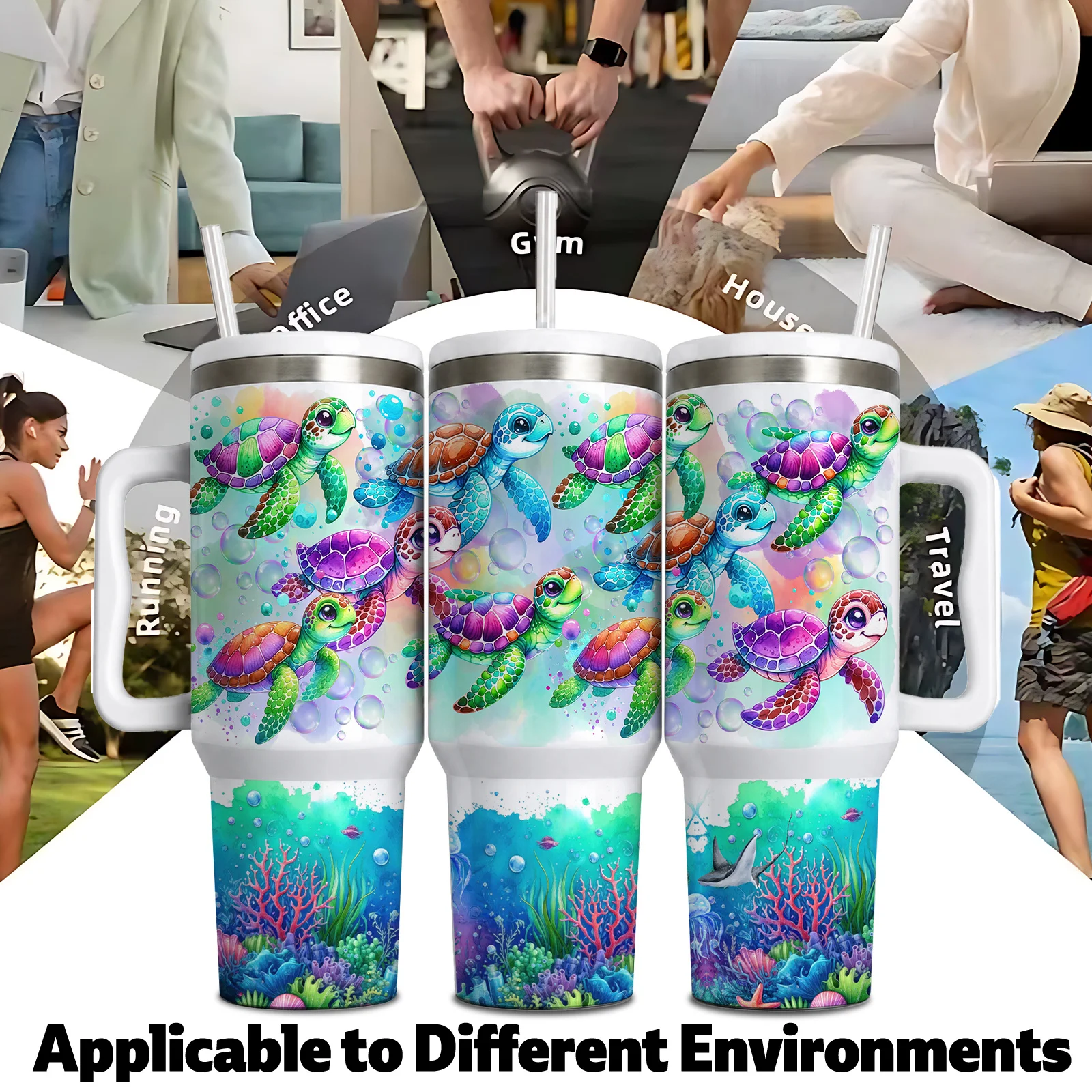 1pc Mikenda 16/40oz Colorful Sea Turtle Tumbler with Handle and Straw, Double Wall Vacuum Insulated Stainless Steel Travel Mug, Reusable Water Cup for Car, Beach, Travel and Office, Summer, Mother's Day, Christmas and Birthday Gift for Women
