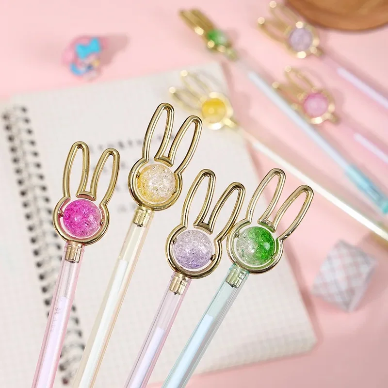 4PCS/Lot Kawaii Crystal Bunny Ear Gel Pen, Macaron Pastel Glitter Rabbit Black Ink Writing Pen, Cute Student Office Stationery