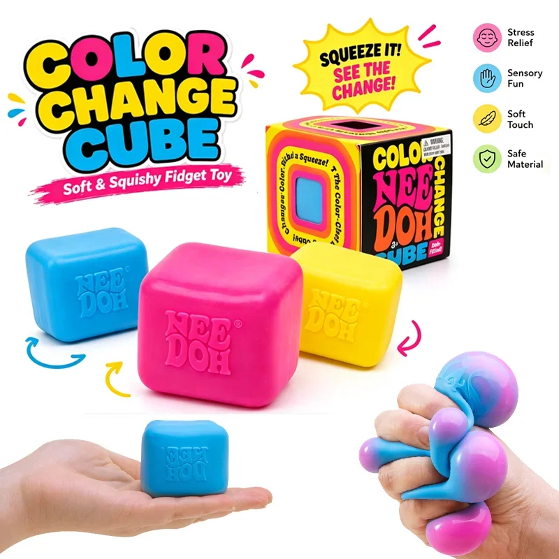 Schylling Needoh Color Change Cube Squeeze Fidget Relief Sensory Toy Dough Filled Fast Rebound Stress Calm Down Toy For ADHD