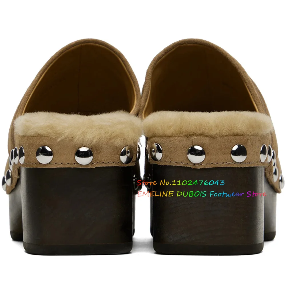 Beige Buffed Leather Loafers Women Platform Round Toe Wood Med Heel Tassels Plush Slippers Metal Decoration Outside Clogs