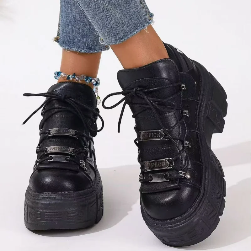 

New Dark Black Women Ankle Boots Thick-soled Punk Women's Shoes Heavy Metal Personality Gothic Style Punk Boots for Women 2025