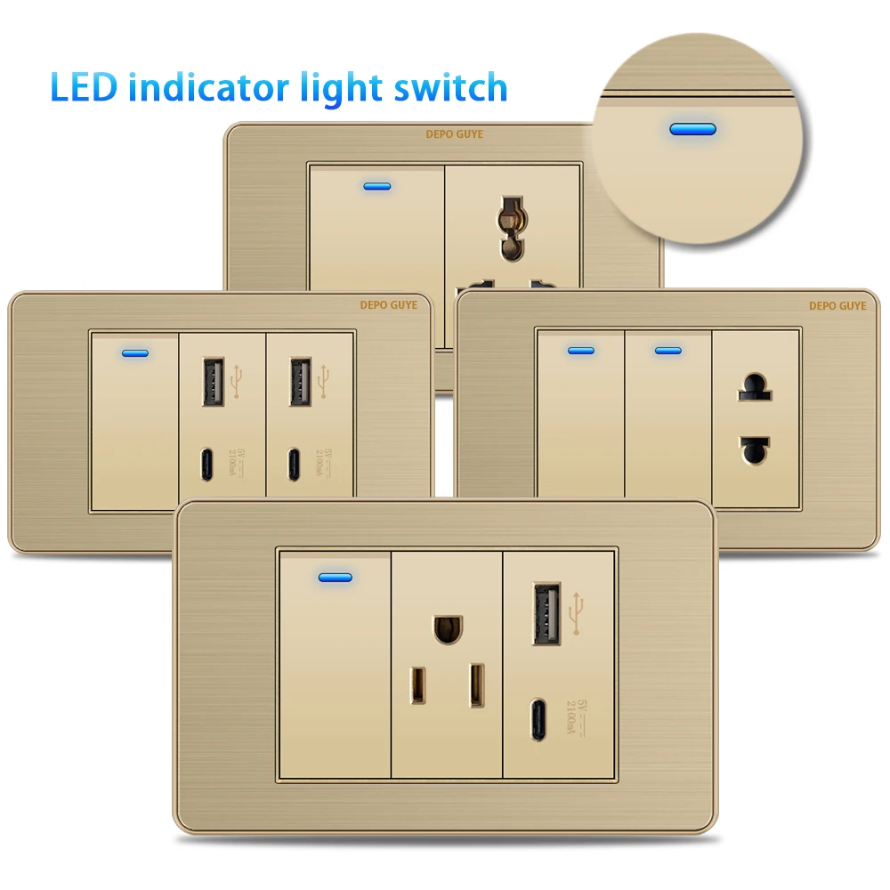 118 Type Luxury Gold Stainless Steel Panel Wall 2Way LED Switch US Thai Standard Fast Charging 3.1A Usb 20W Type-c Power Outlet