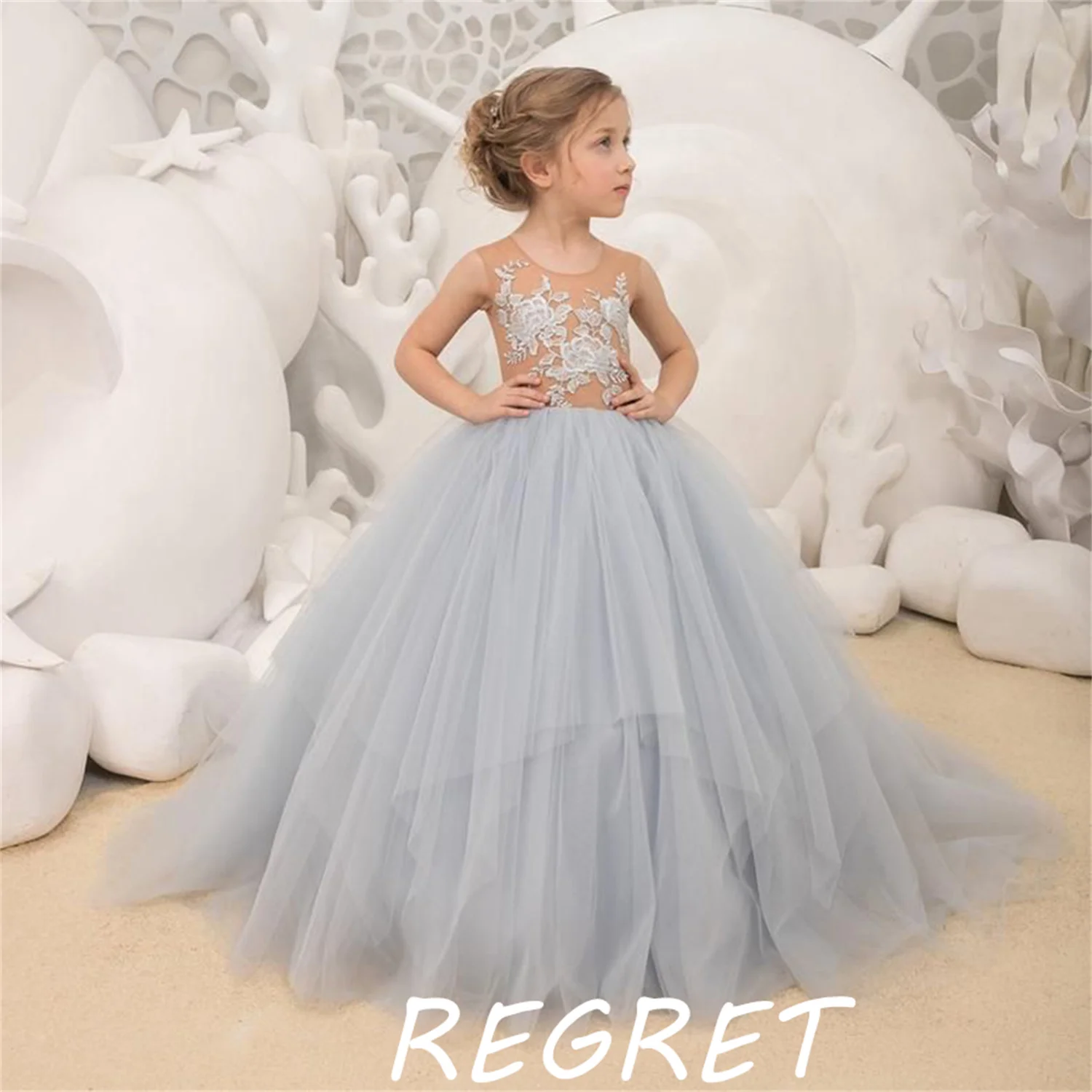 

Fluffy Flower Girl Dress Tulle Applique Sleeveless Birthday Irregularity Ball Gown Floor Length Elegant Party Evening Dress 2023