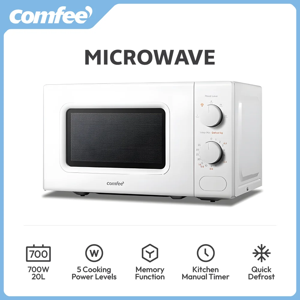 COMFEE 700W 20L Black Microwave Oven With Compact Design, 5 Cooking Power Levels, Quick Defrost Function, Kitchen Manual Timer