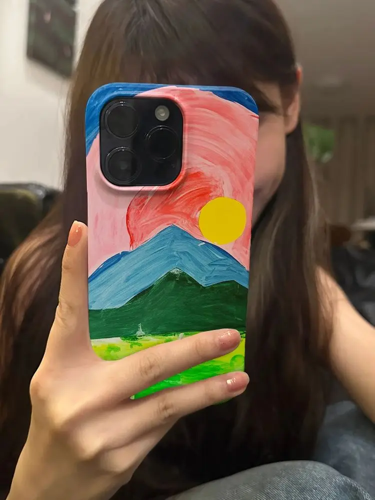 

Корейский чехол для телефона Ins Sunset Glow Sun Mountains с ручной росписью и пейзажем для iPhone 16, 15, 14, 13 Pro Max 12 11, задняя крышка Fund