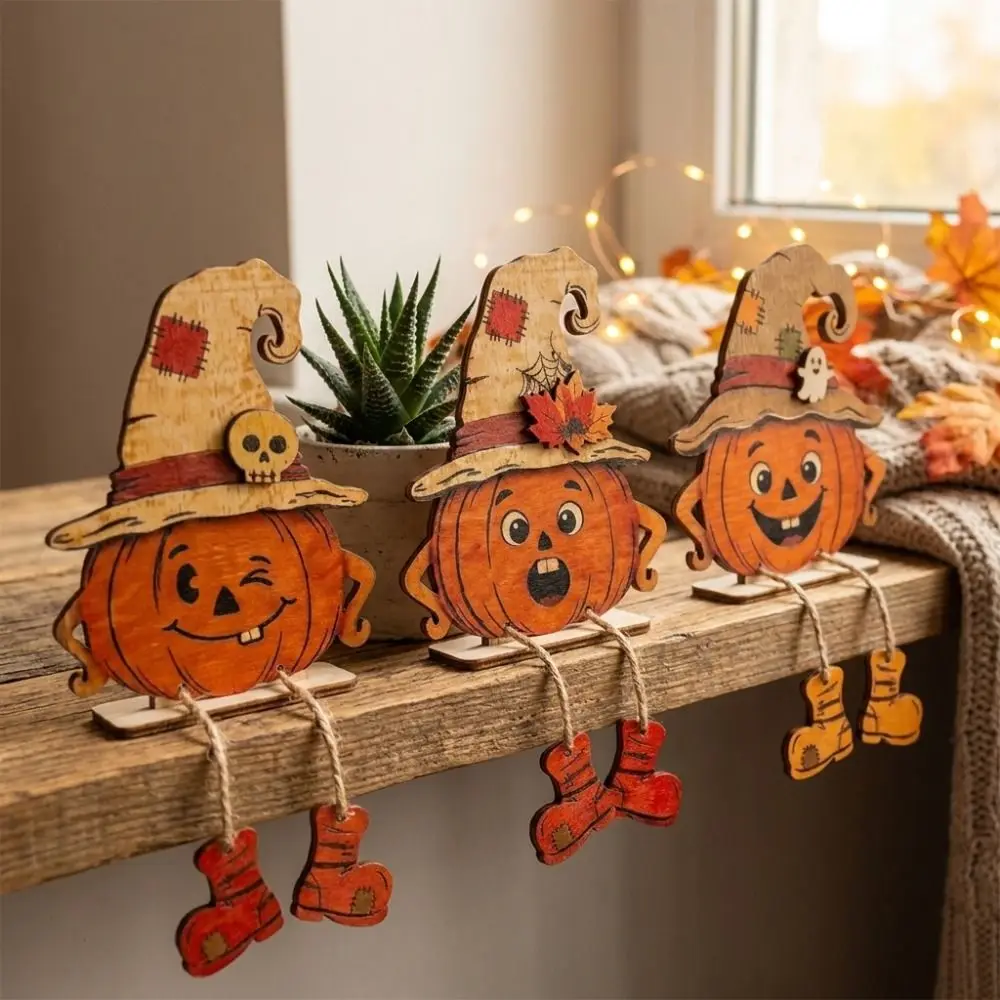 3Pcs 2D Flat Pumpkin-Shaped Wooden Ornaments Vintage Pastoral Halloween Pumpkin Figurine with Legs Hand Painted