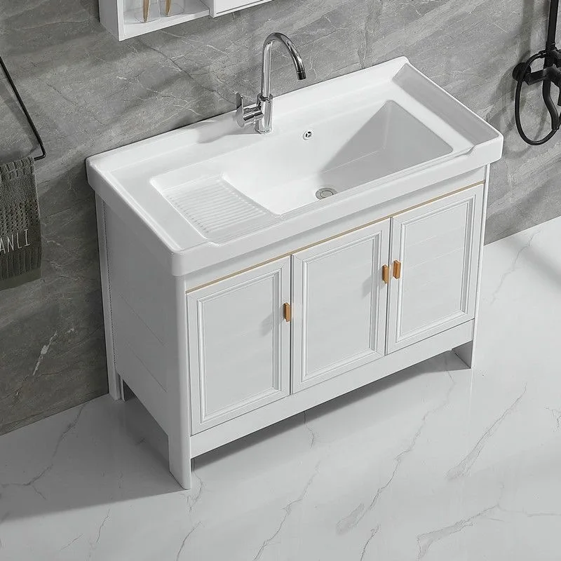 Bathroom Balcony Ceramic Laundry Basin with Rub Board Sink Space Aluminum White Floor-to-ceiling Bathroom Cabinet