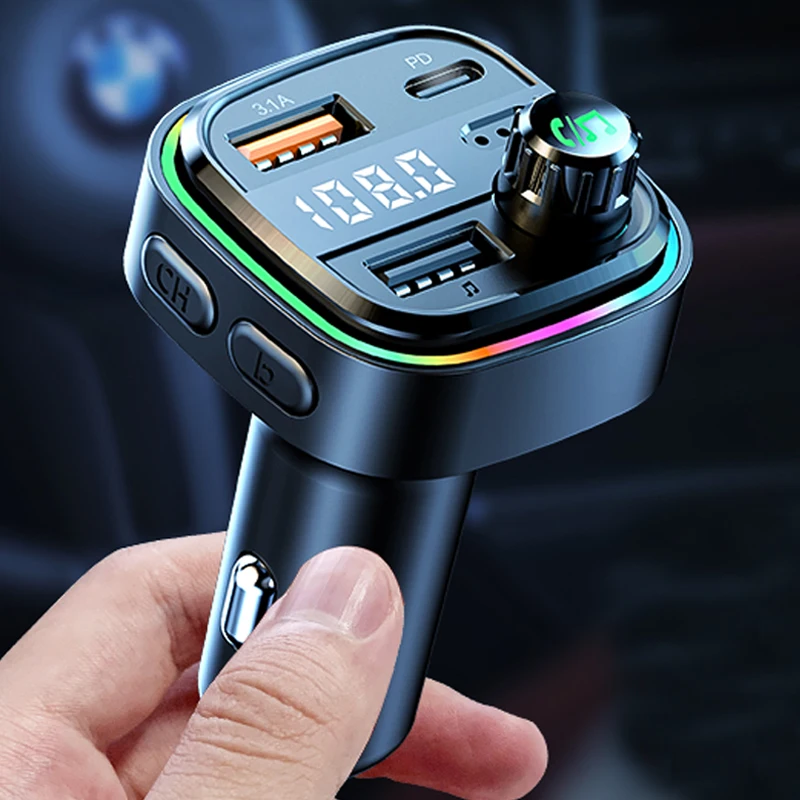 Car MP3 Player Bluetooth 5.0 FM Transmitter Handsfree Car Radio Modulator with Built-in Mic USB Quick Charge Adapter for Car