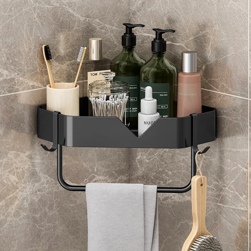 Bathroom Shelf Organizer Black Carbon Steel Corner Shelf Shampoo Storage Shower Caddy with Two Hooks