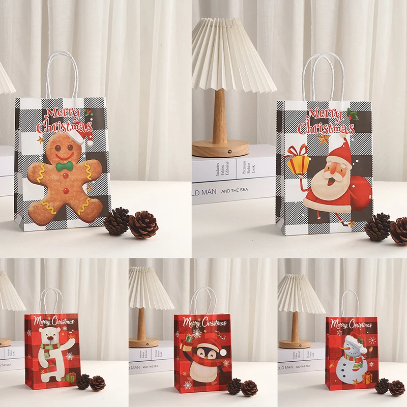 Christmas Paper Gift Bag Cartoon Pattern Gingerbread Man Reusable Storage Bag Grocery Shopping Holiday Party Favor Bag