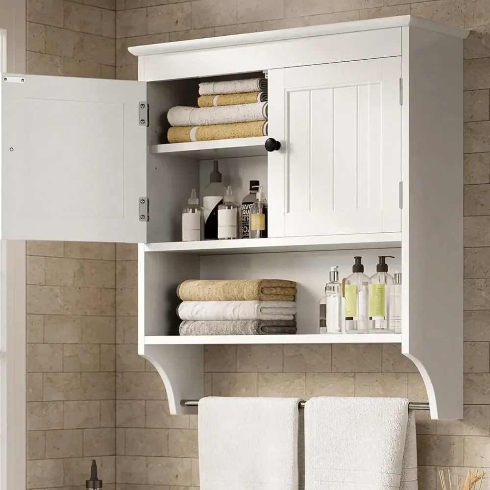 

Wall Cabinet With Towels Bar, Wall Mounted Medicine Cabinet With 2 Door And Adjustable Shelves, Space Saver Over Toilet Storage