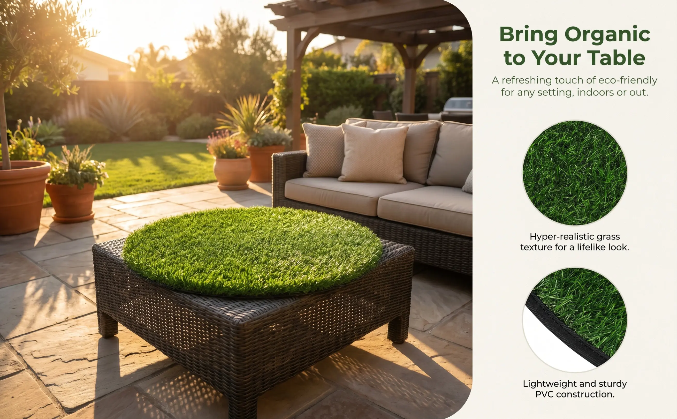 Simulated Grass Round Table Mat 19.65in Green Artificial Tabletop Grass Mat Dining Table Decor Outdoor Use Able Placemats