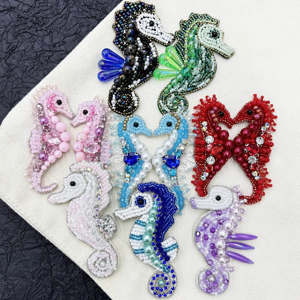 Halobios Sea Horse Patches Badges Crystal Beading Appliques Patches Sew on Clothing Shose Bags DIY Rhinestone Delicate Handmade