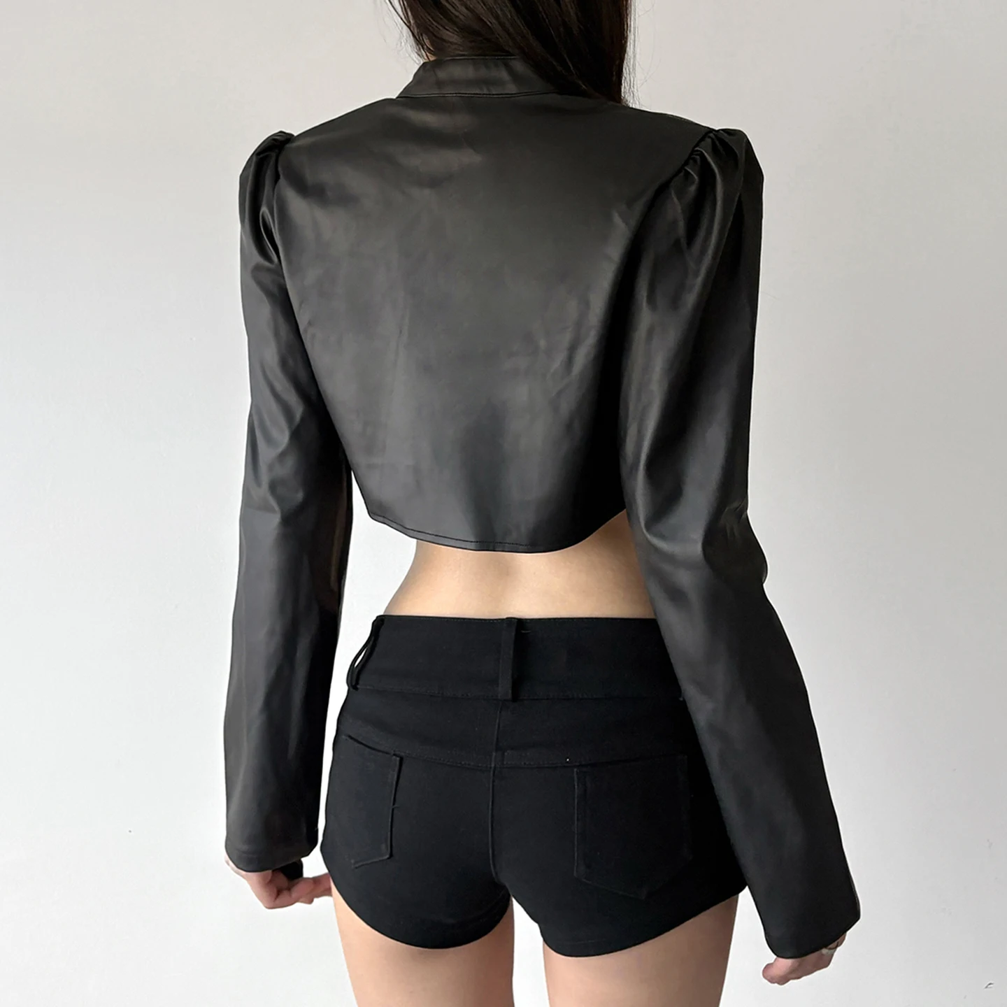 Women Gothic Faux Leather Shrug Crop Jacket Heart Buckle Harness Coats Punk Rock Long Sleeve Bolero Open Front Cut Out Shoulder