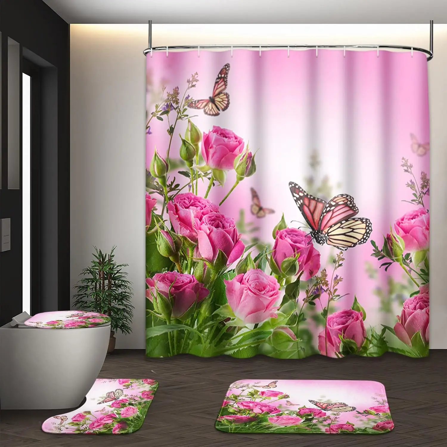 

Pink Rose Shower Curtain Set with Toilet Lid Cover and Rug,Spring Butterfly Floral Shower Curtain with Hooks,Flower Bathroom Set