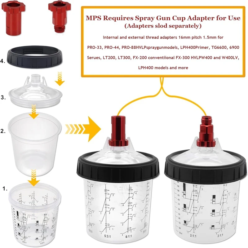 Kit de sistema de copo de mistura de tinta descartável AT51-20 copos de tinta com tampas, copos duros com anéis de retenção, 5 plugues, 2 adaptadores de copo