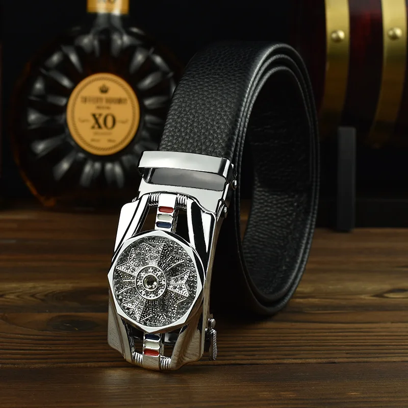 Man Automatic Buckle Leather Belt High Quality Men Business Belt Golden Waist Buckle Rhinestone Decoration Males Luxury Belt