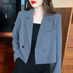 Crop Blazers Women Double Breasted Casual Office Lady Baggy Outwear Temper Fashion Korean Style Solid All-match Spring Elegant