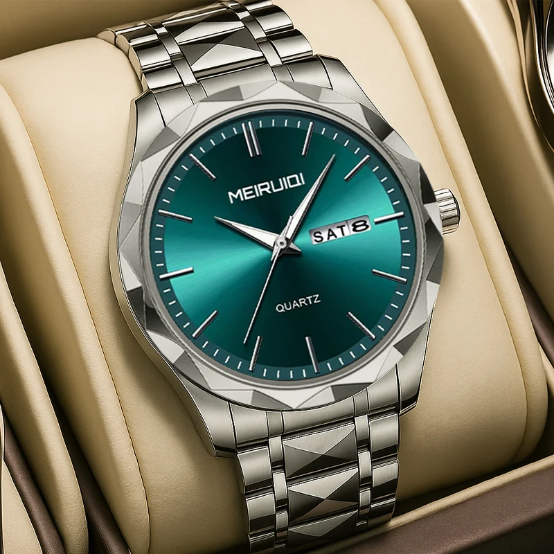 A high-end multifunctional quartz watch with silver blue elegant style for men's rooms, featuring a weekly calendar