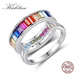 KALETINE 100% 925 Sterling Silver Colorful Rainbow Water Droplet Clear CZ Finger Rings for Women Wedding Engagement Jewelry Gift