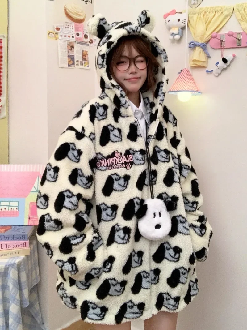 2024 New Japanese Original Cute Lamb Wool with Ears Loose Coat For Women