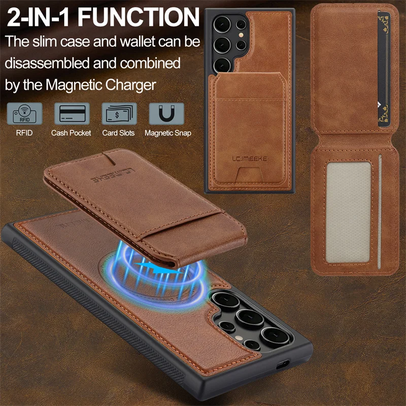 2 In 1 Magsafe Wallet Leather Phone Case For Samsung Galaxy S25 S24 S23 S22 S21 Ultra Plus S20 FE Magnetic Card Holder Cover