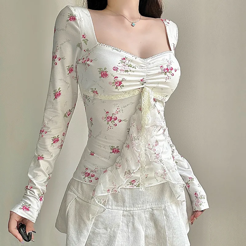 Elegante top floral estampado para mulheres, gola quadrada, guarnição de renda, manga longa, top plissado com babados, vintage, slim fit, roupas de volta ao lar