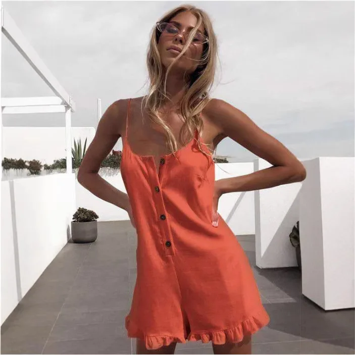 Combishort camisole Sexy pour femmes, couleur unie, blanc, ourlet à volants, sans manches, combinaison décontractée, mode plage, fête, barboteuse, été