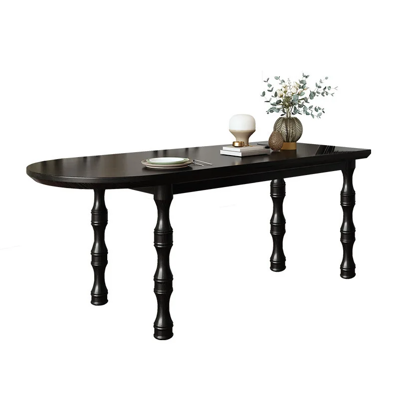 

French retro all-solid wood dining table and chair combination small apartment household semicircular oval black dining table