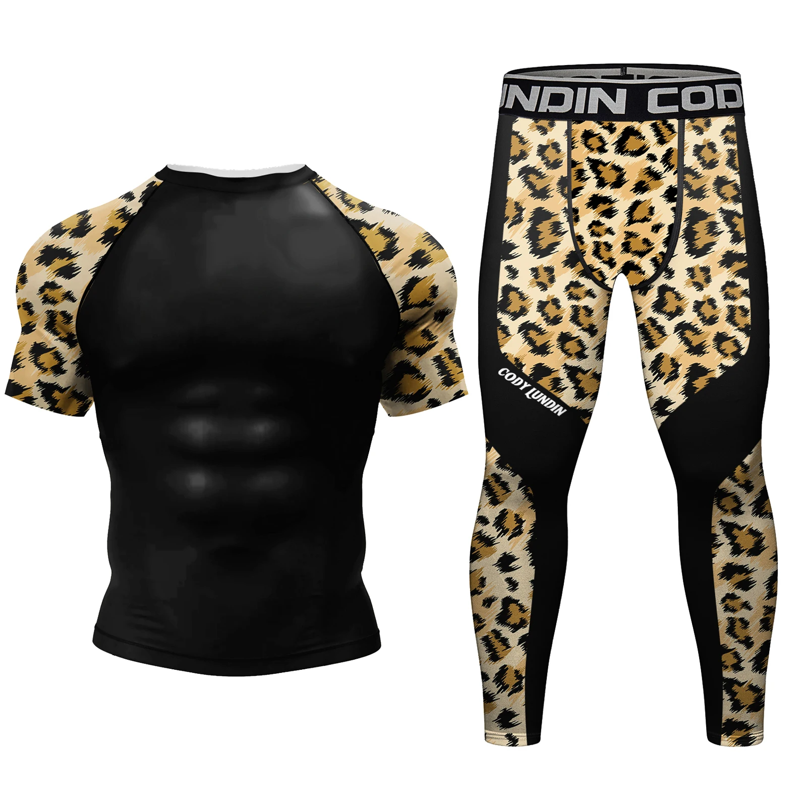 Leopard print Fitness Men Sports Suit High Quality Compression Masculine Rash Guard Shirt Boxing Grappling Gym Shorts 4Piece